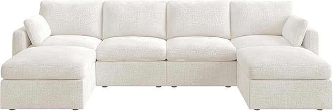 Modular Sectional Sofa with Storage Ottoman - Beige Chenille