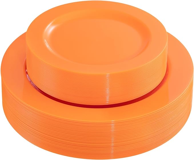 Set of 60 Heavy Duty Orange Plastic Plates Disposable for Halloween &amp; Thanksgiving Parties - Serves 30 Guests