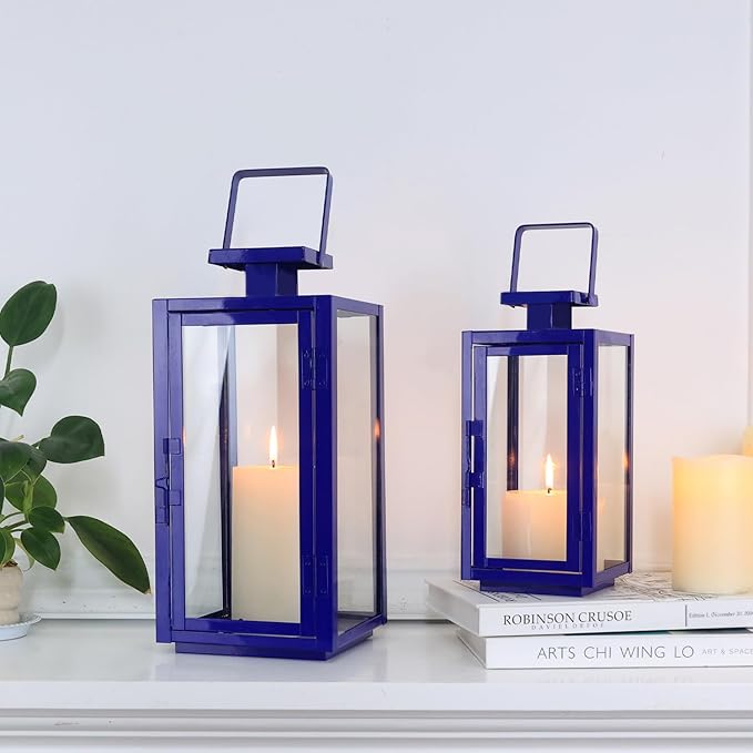 Set of 2 Blue Metal Candle Lanterns