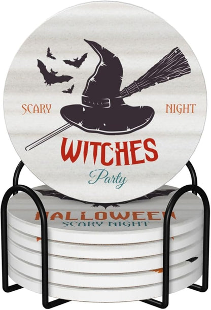 6 Piece Set Halloween Ceramic Drink Coasters with Metal Holder and Cork Base