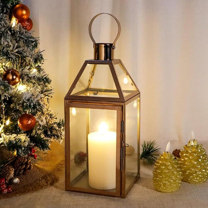 Rose Gold Stainless Steel Candle Lantern with Tempered Glass