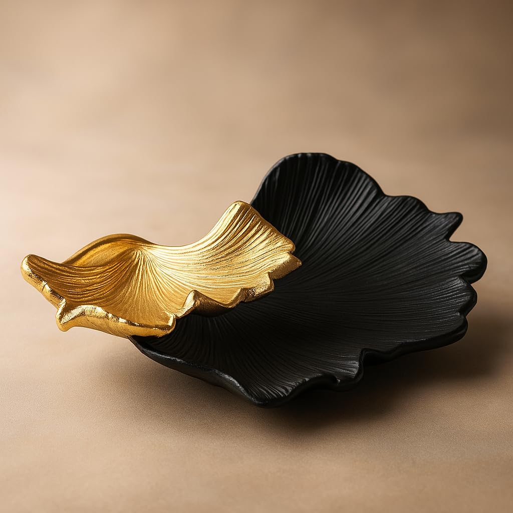 Black &amp; Gold Ginkgo Leaf Tray - 2 Tier
