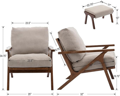 Wahson Mid Century Arm Chair and Ottoman Set in Beige