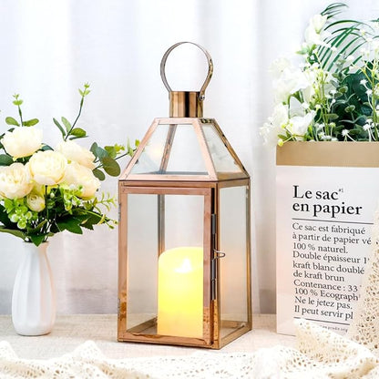 Rose Gold Stainless Steel Candle Lantern with Tempered Glass