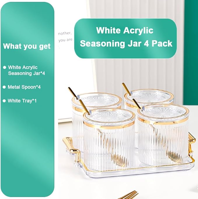 Acrylic Condiment Jars with Spoons/Lids/Tray - Clear