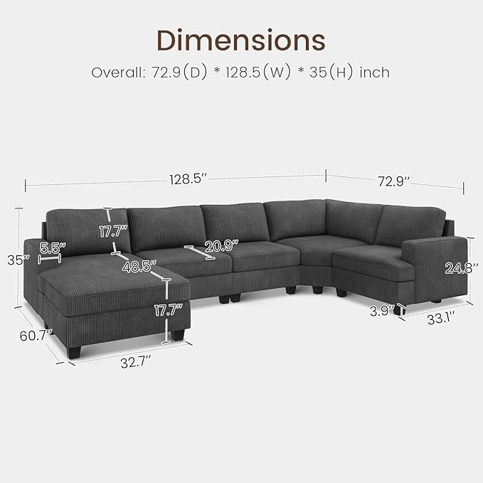 Nolany Sectional Sofa with Storage Ottoman in Gray Corduroy