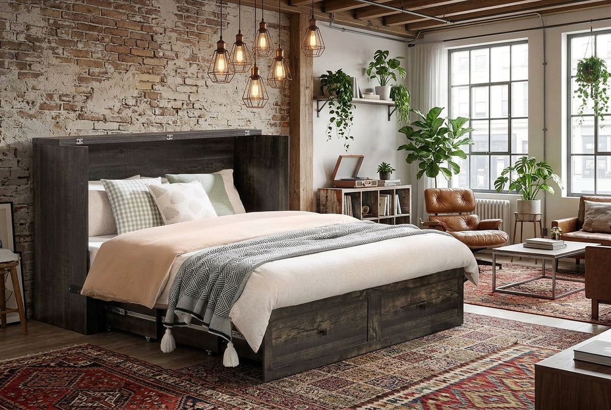 Black Oak Murphy Bed Cabinet With USB - Queen Size