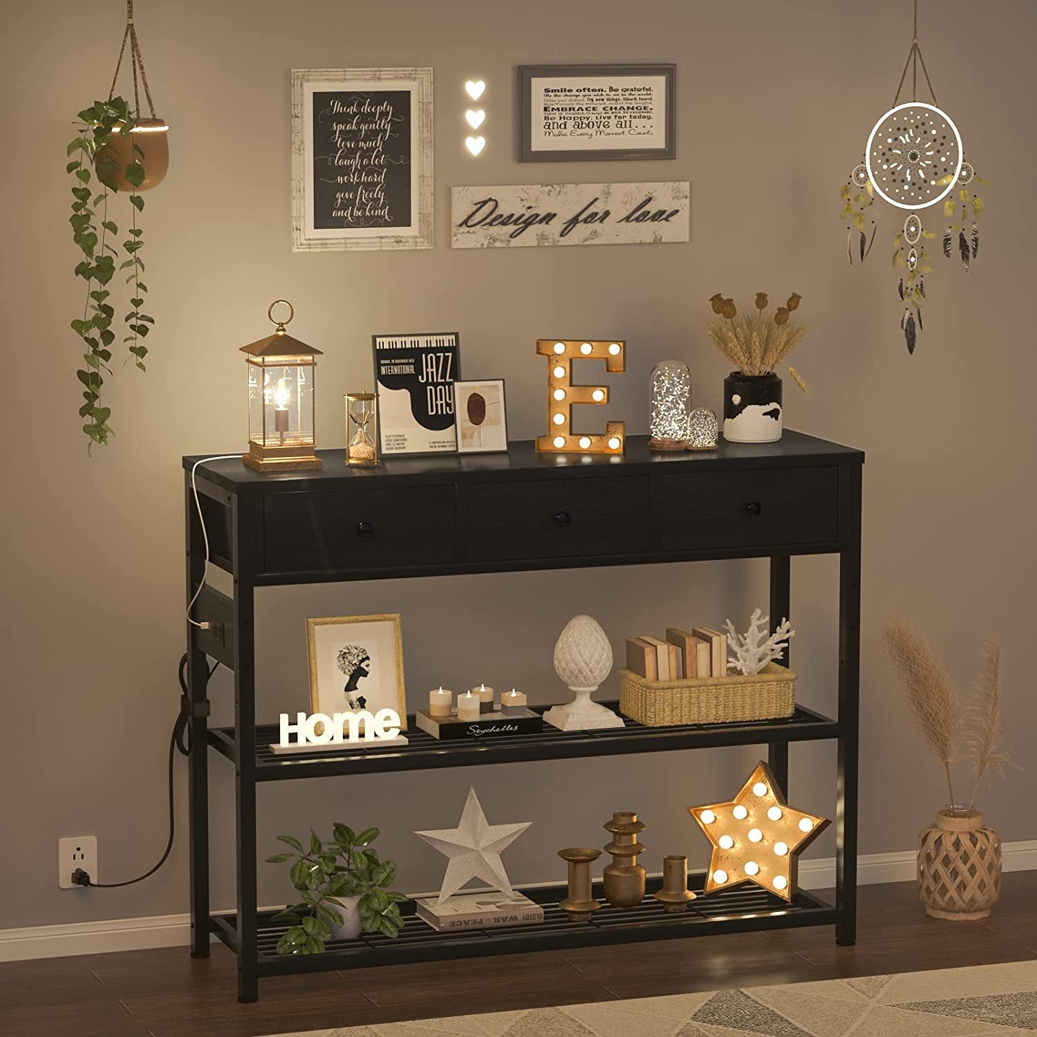 Black Console Table With USB Ports And Outlets