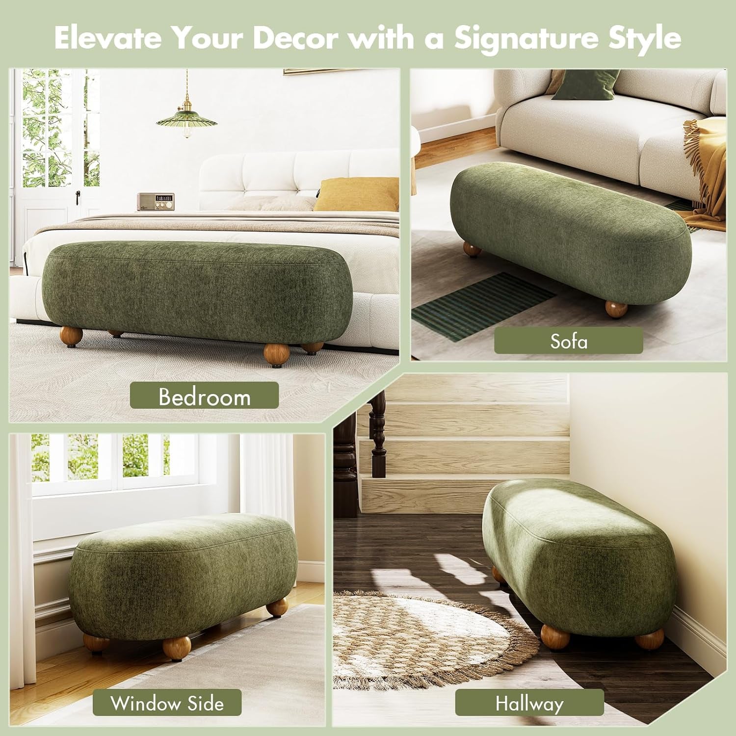 54-Inch Green Velvet Cushioned Bench