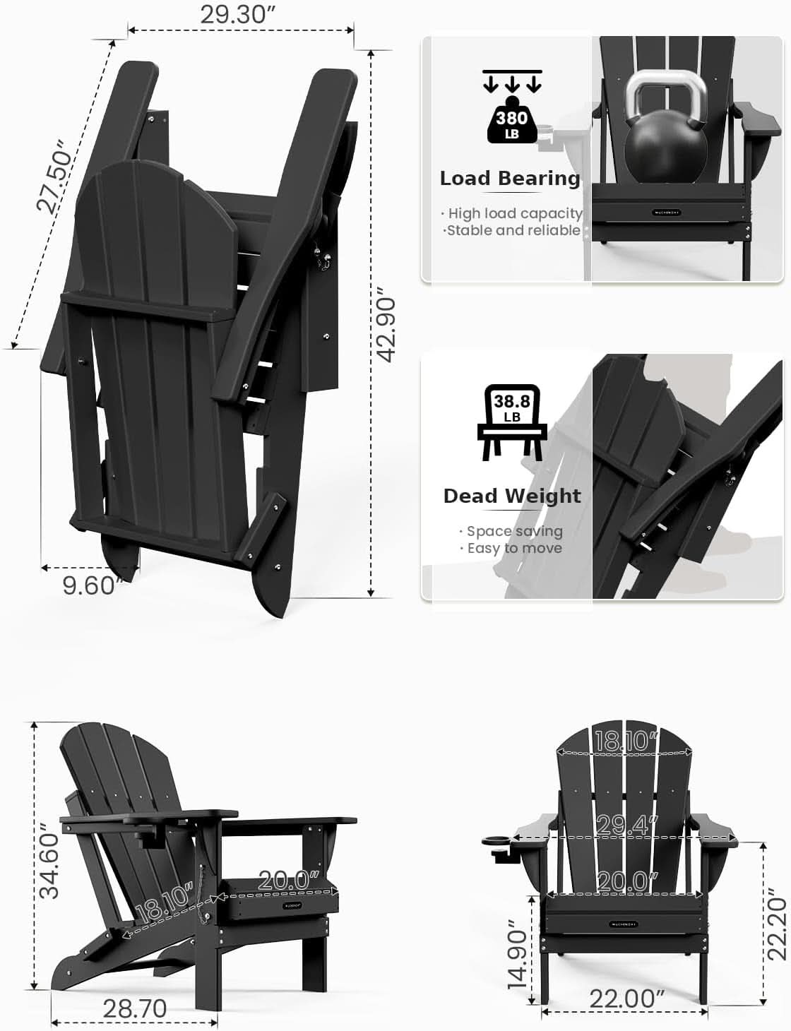 Folding Weather Resistant Adirondack Chairs - Black