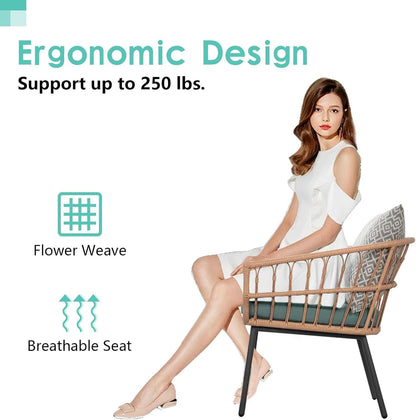 3 Piece Outdoor Conversation Set With Wicker Chairs and Green Cushions