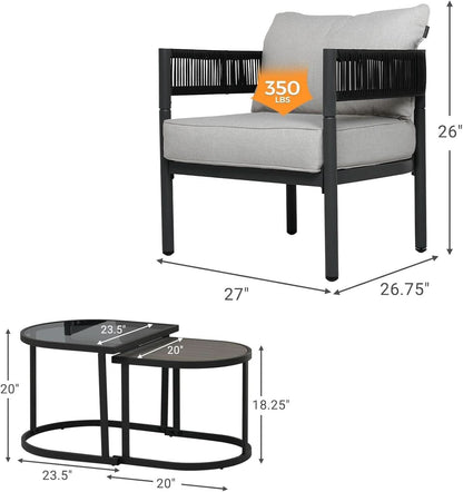 Outdoor Wicker Conversation Set With 2 Chairs and 2 Nesting Tables in Black and Greige