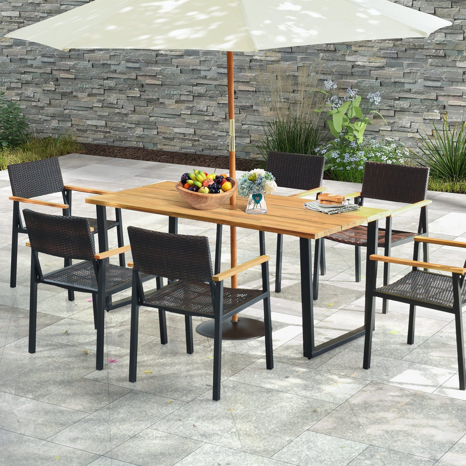 69" Acacia Wood Outdoor Dining Table with 2 Inch Umbrella Hole