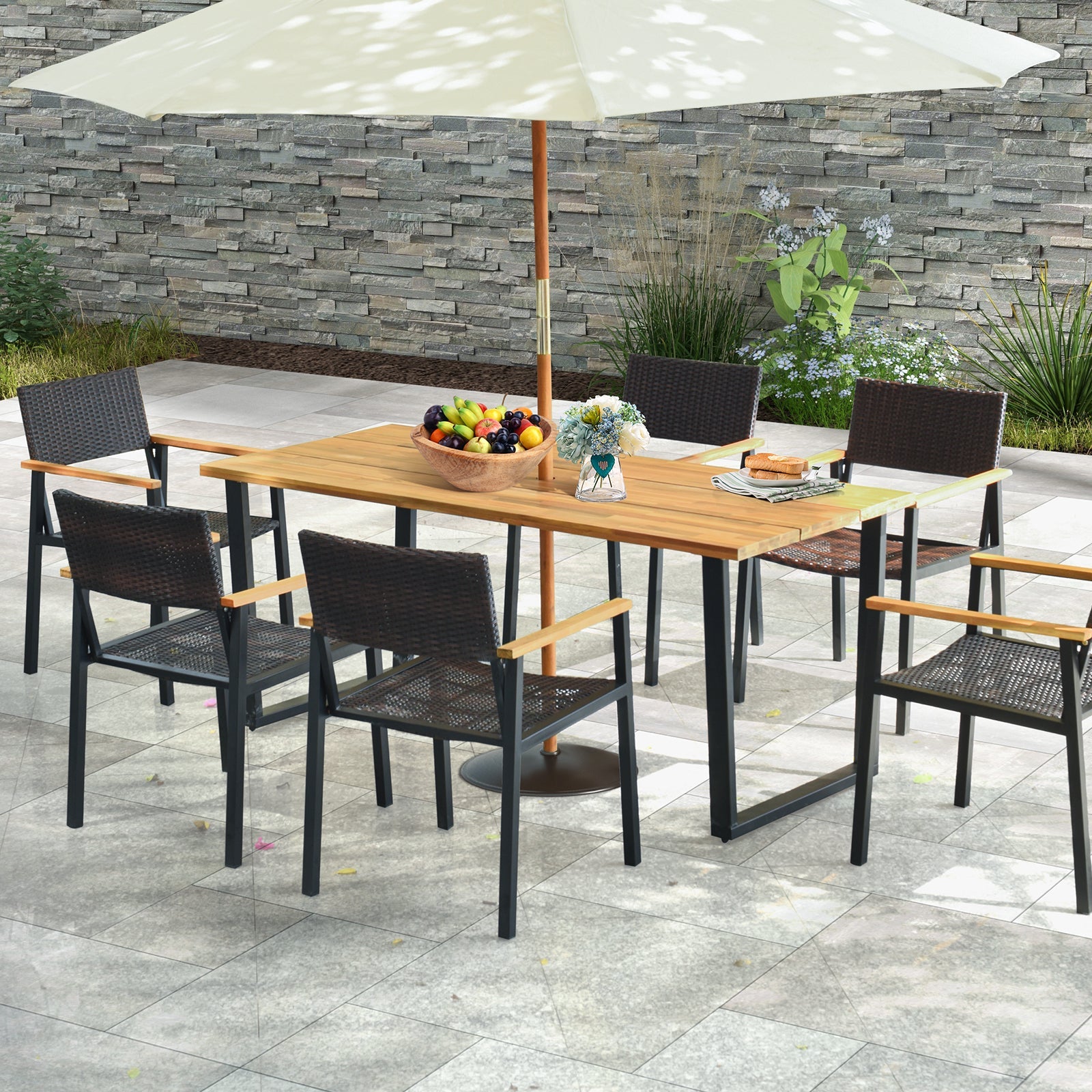 69" Acacia Wood Outdoor Dining Table with 2 Inch Umbrella Hole