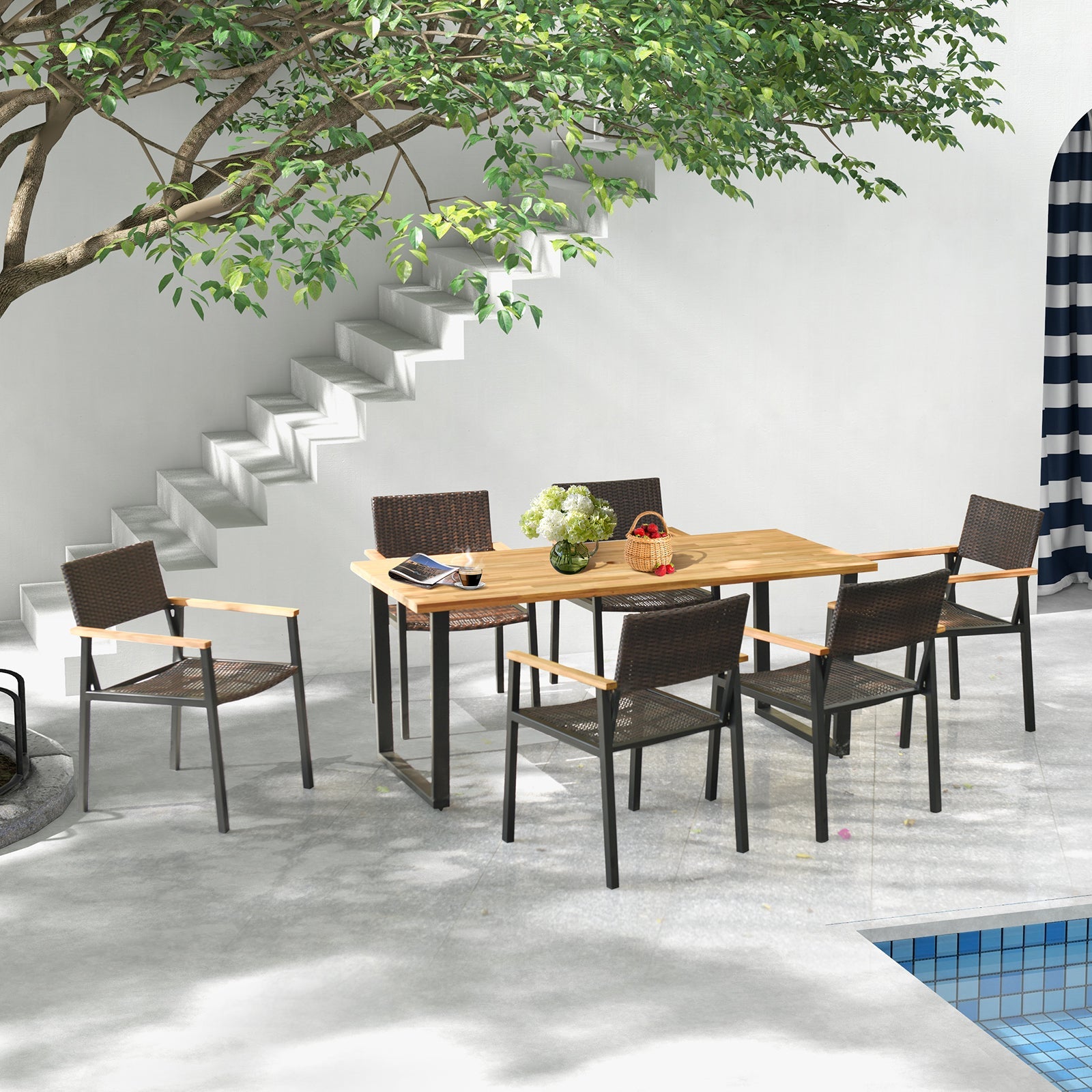 69" Acacia Wood Outdoor Dining Table with 2 Inch Umbrella Hole