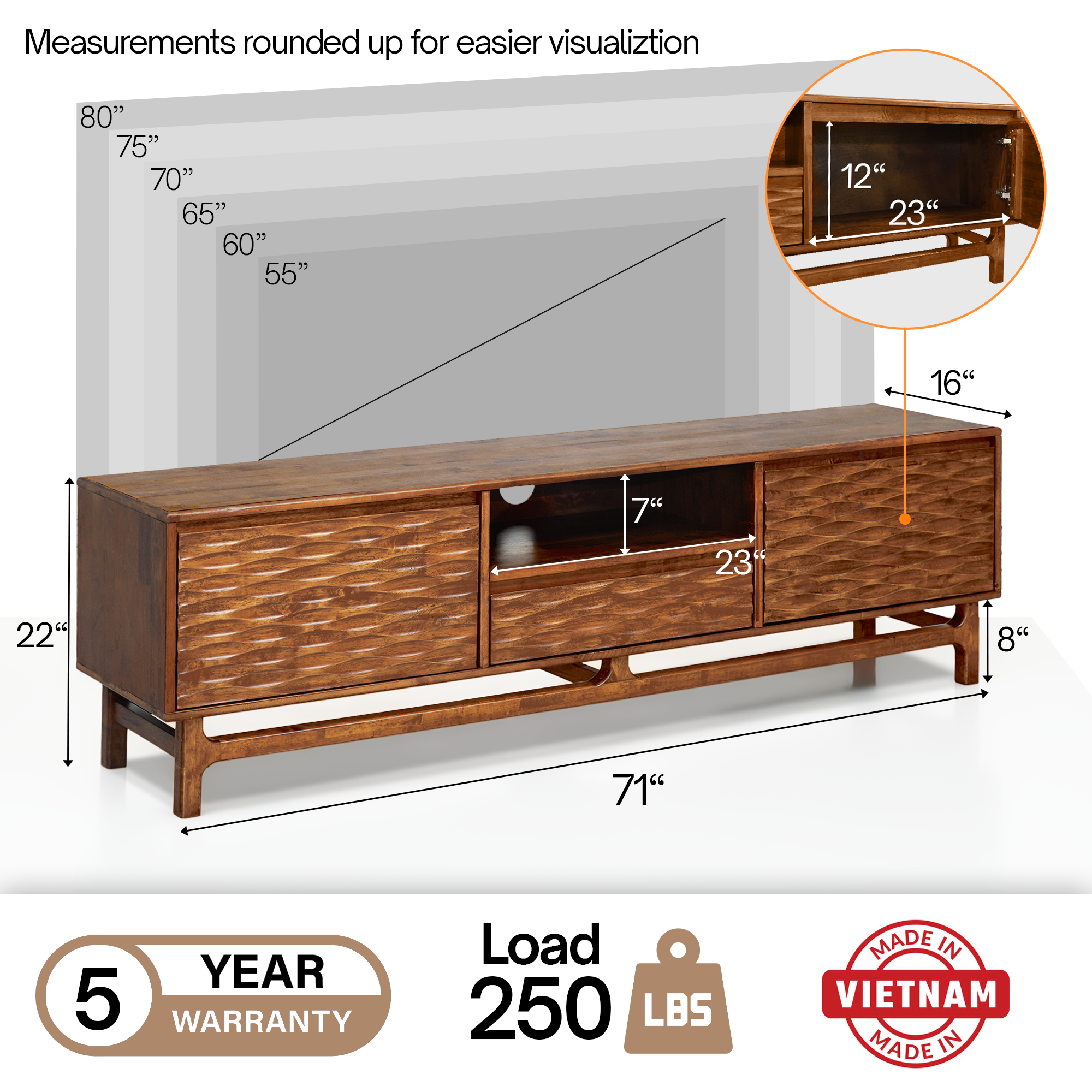 Acacia Elara Solid Wood TV Stand with Storage and Cable Management - 3 Finishes