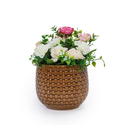 Set of 3 Weave Pattern Ceramic Pots - Brown
