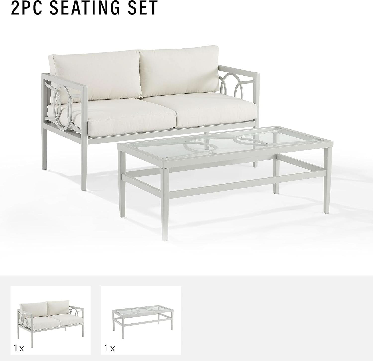 2 Piece Outdoor Gray Metal Loveseat and Coffee Table Set with Creme Cushions