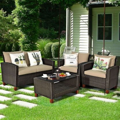 4 Piece Rattan Patio Conversation Set - Beige