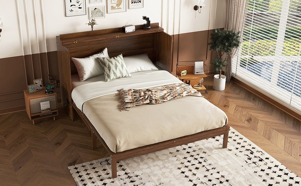 Queen Size Murphy Bed, Pine Wood with Power Station and Rattan Decoration Panel - Walnut