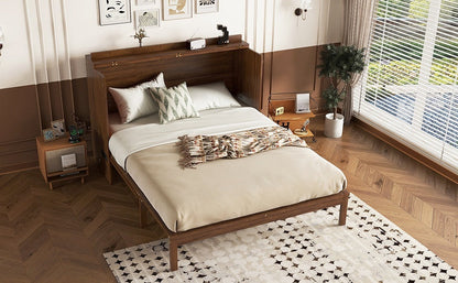 Queen Size Murphy Bed, Pine Wood with Power Station and Rattan Decoration Panel - Walnut