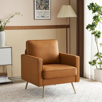Brown PU Leather Accent Chairs With Gold Legs - 2 pc Set