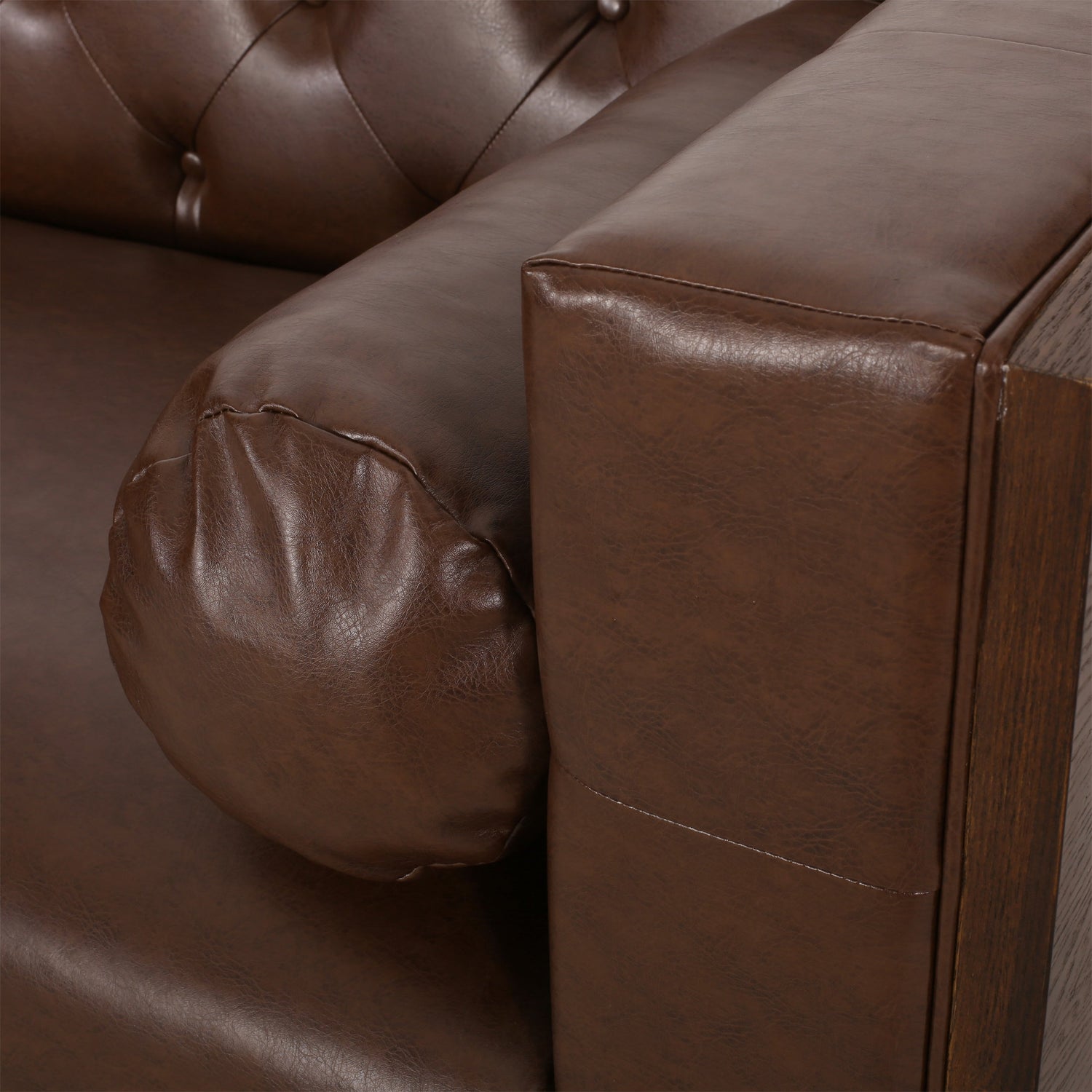 Contemporary 3-Seater Sofa with Tufted Diamond Stitch and Rolled Accent Pillows in Dark Brown Faux Leather