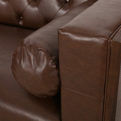 Contemporary 3-Seater Sofa with Tufted Diamond Stitch and Rolled Accent Pillows in Dark Brown Faux Leather