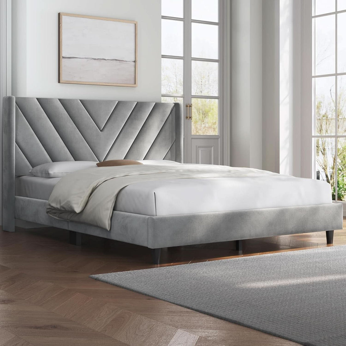 Queen Upholstered Bed Frame With Winged Tufted Headboard in Light Gray Velvet