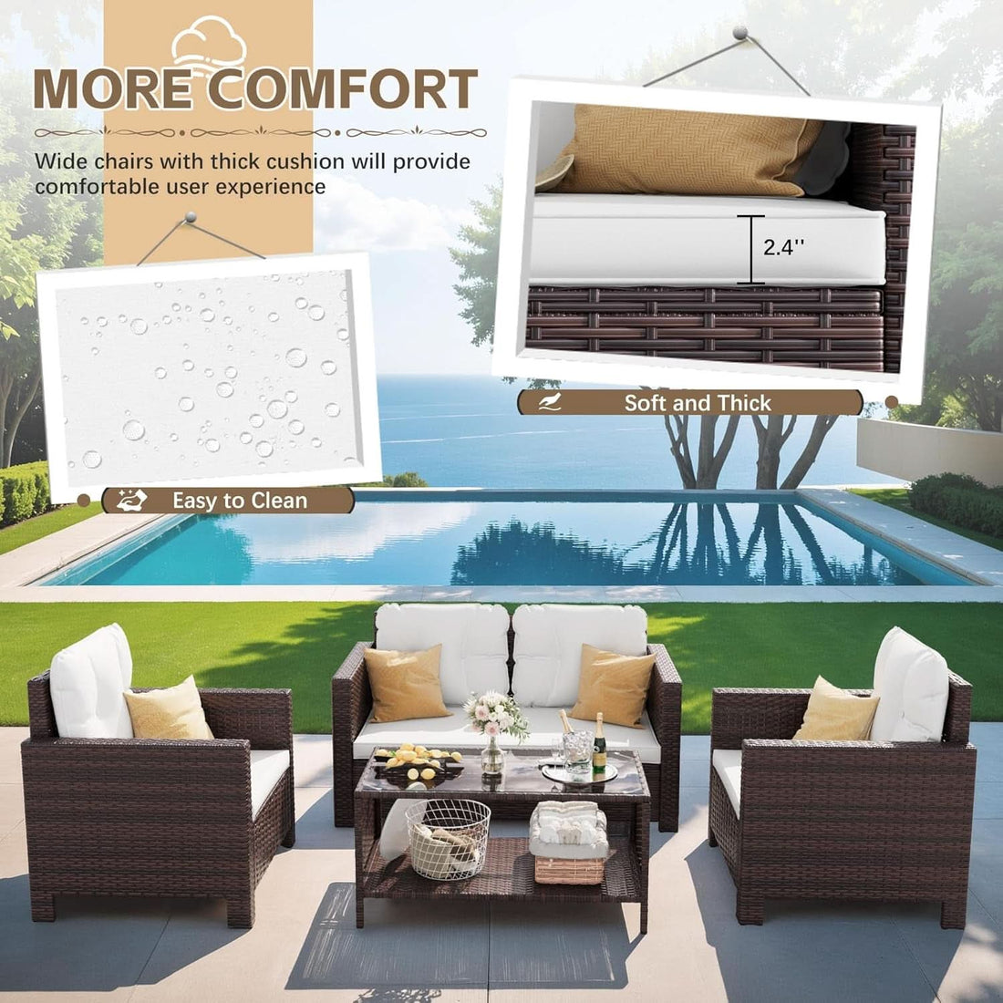 4 Piece Patio Rattan Furniture Set - Dark Brown/Beige