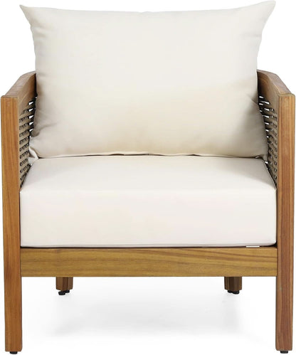 Burchett Outdoor 4 Piece Chat Set - Acacia Wood And Wicker Teak, Brown/Beige