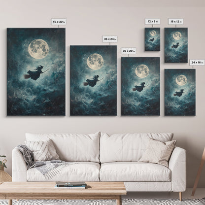 Witch Riding Under a Full Moon - Framed Canvas Print