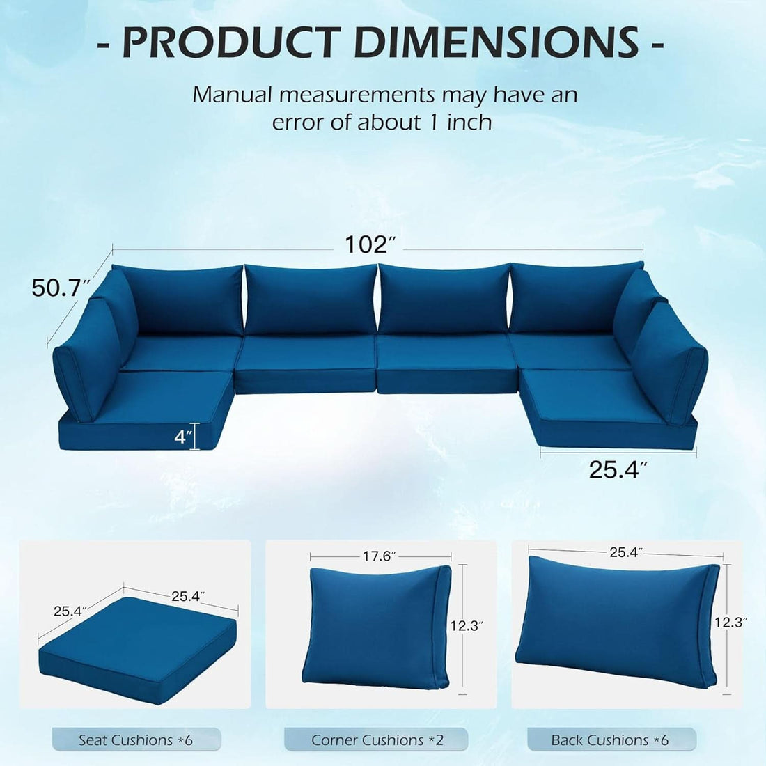 Outdoor Replacement Cushions For 6 Seat Modular Sofa - Blue