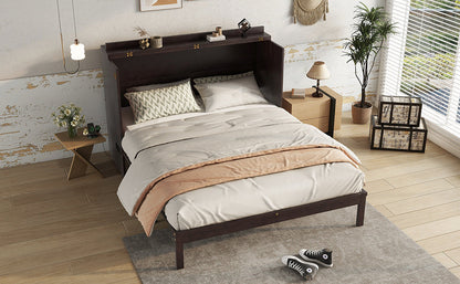 Queen Size Murphy Bed, Pine Wood with Power Station and Rattan Decoration Panel - Espresso