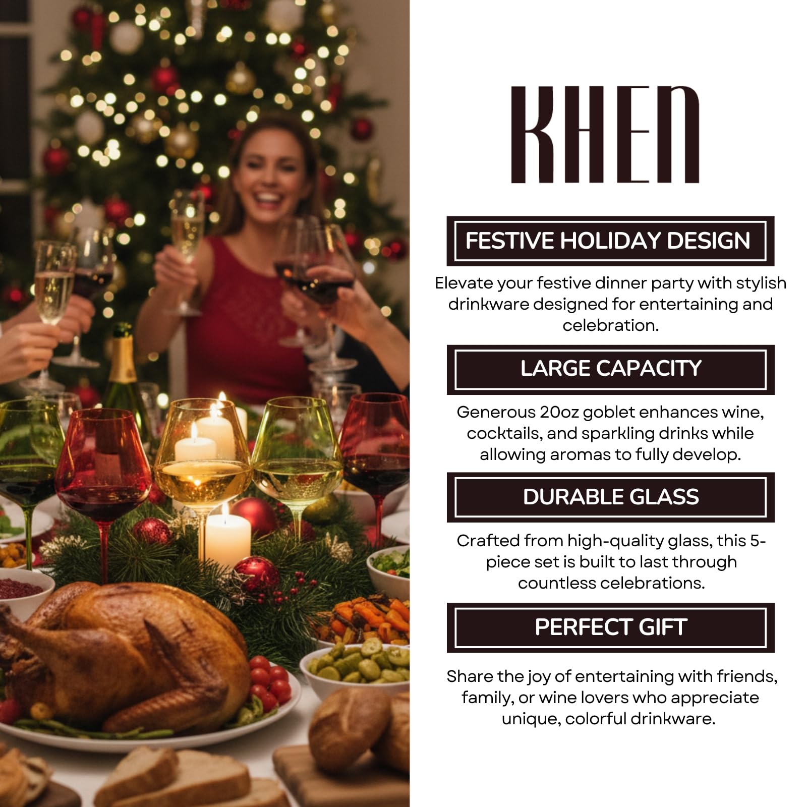 Christmas Holiday Wine Glasses - Set of 5 20oz Goblets