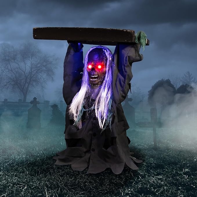 Creepy Sound Activated Animatronic Zombie with Sound Effects and Lights for Indoor (or Covered) Outdoor Halloween Decoration