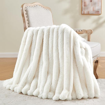 Super Soft and Cozy Faux Rabbit Fur Throw Blanket - Cream, 60 x 80 inch