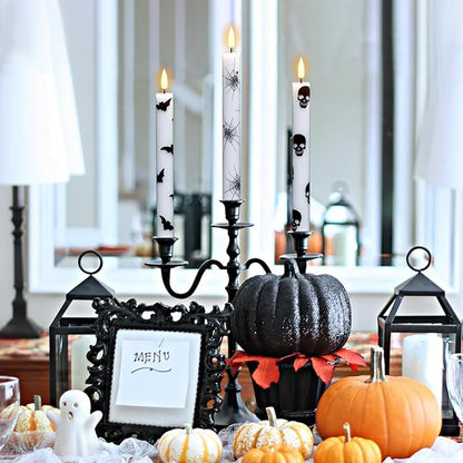 Set of 6 LED Flickering Halloween Taper Candles - Battery Operated, Real Wax with Spider Webs/Skull/Bats