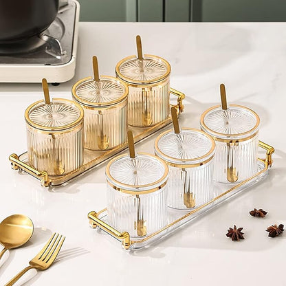 Acrylic Condiment Spice Jars with Lids, Spoons, Tray - Clear