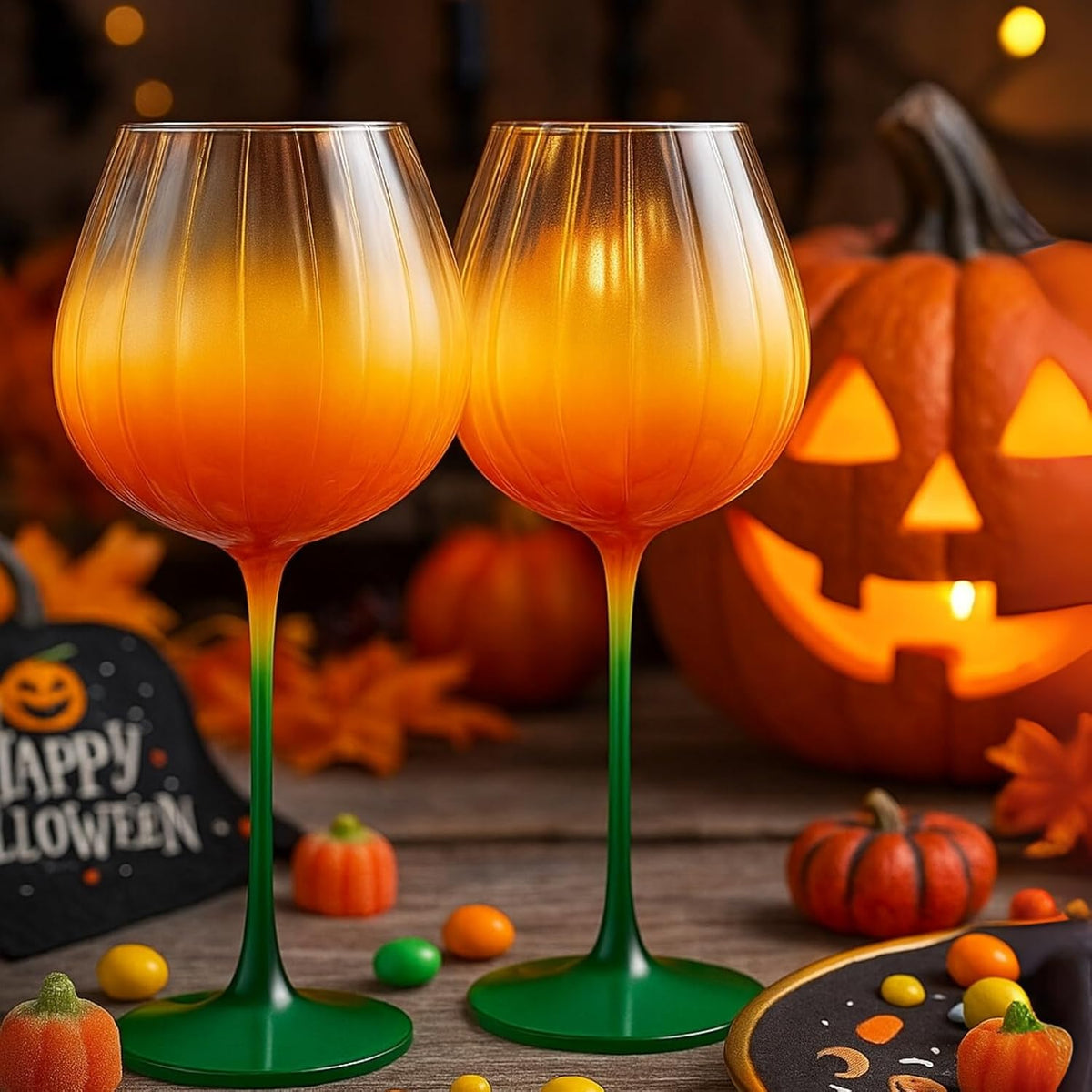 Pumpkin Lightweight Wine Glasses - Set of 2 Orange &amp; Green