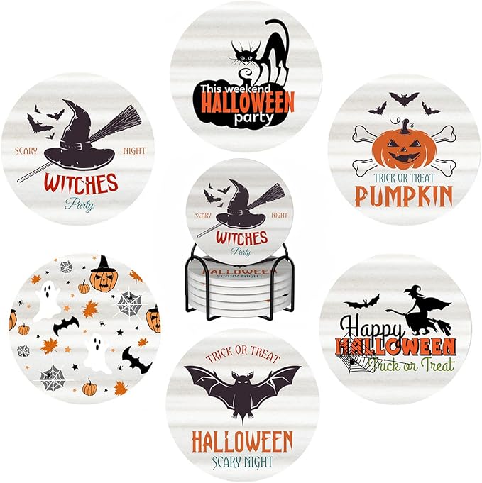 6 Piece Set Halloween Ceramic Drink Coasters with Metal Holder and Cork Base