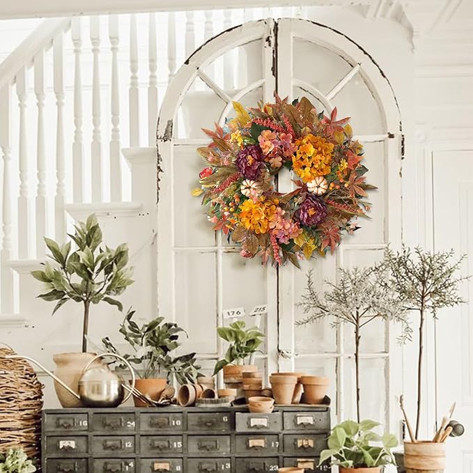 24 Inch Fall Wreath with Hydrangea,Peony and White Pumpkins
