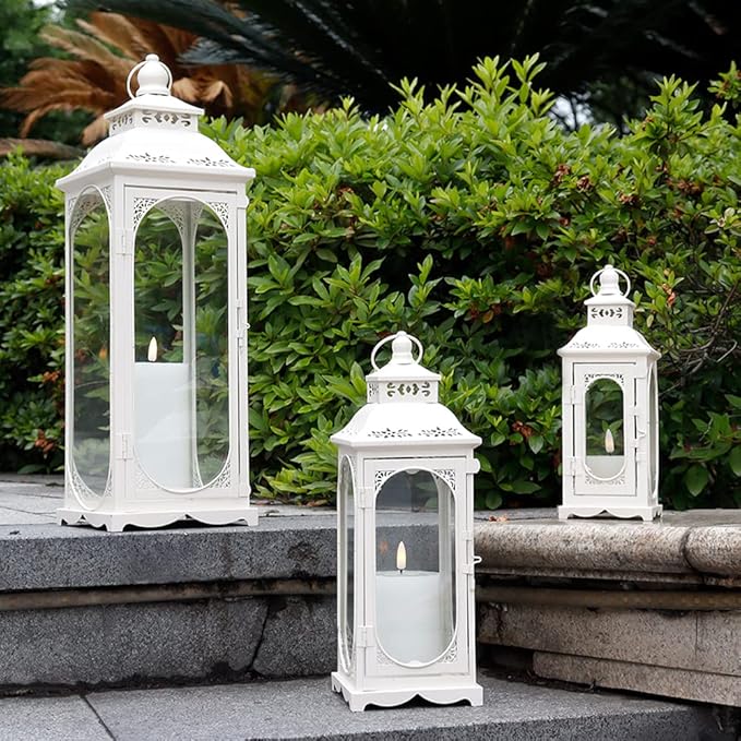 Set of 3 Vintage White Metal Candle Lanterns
