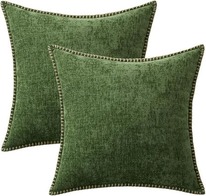 Pack of 2 Moss Green Stitched Edge Soft Chenille Pillow Covers - 18 x 18 inch