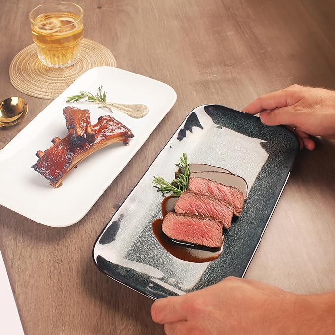 Set of 4 Rectangular Serving Platters - Blue reactive glaze, 12.7 Inch