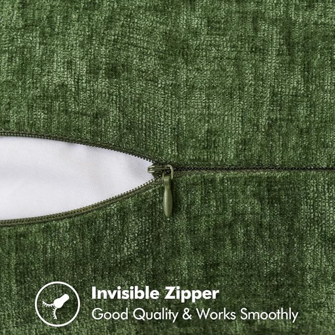Pack of 2 Moss Green Stitched Edge Soft Chenille Pillow Covers - 18 x 18 inch