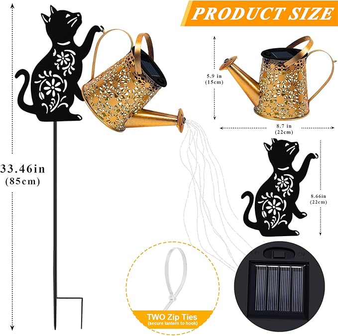 Cat With Watering Can/Cascading Lights - Solar, Waterproof