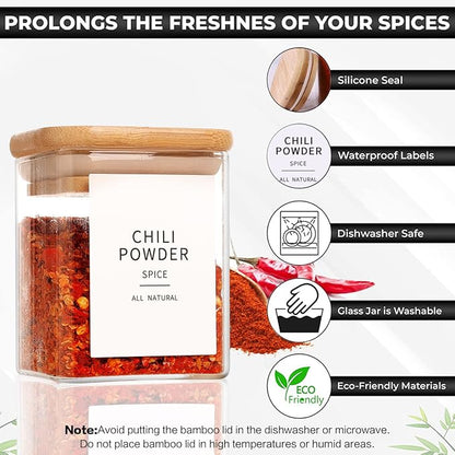 Set of 12 Square Glass Spice Jars with Airtight Bamboo Lids - 9oz
