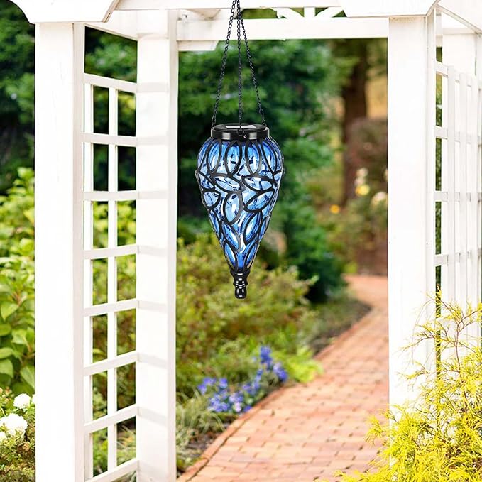 Outdoor Solar LED Hanging Lantern - Blue Teardrop