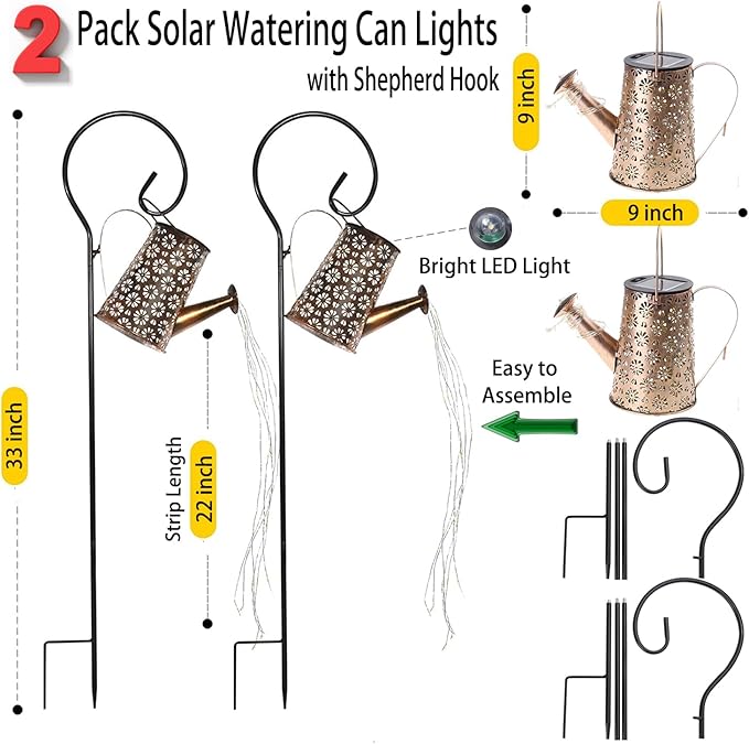 2 Pack Solar Watering Can with Lights - Bronze Floral Design